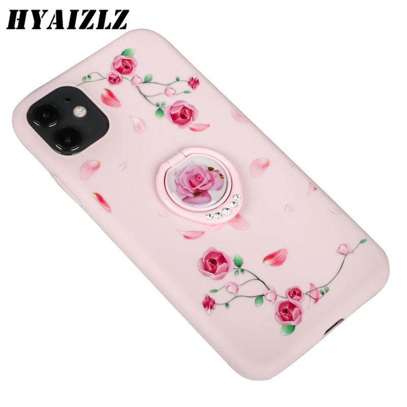 

Beautiful Flowers Case for iPhone 11 Pro Max XS XR X 6 6S 7 8 Plus Soft Silicone Capa Rhinestone Finger Ring Women Back Cover