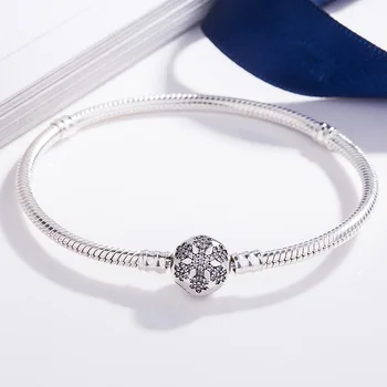 

Real 925 Sterling Silver Bracelet Crystal Snowflake Clap Snake Chain Bracelet Bangle Fit Women Bead Charm Fashion Jewelry