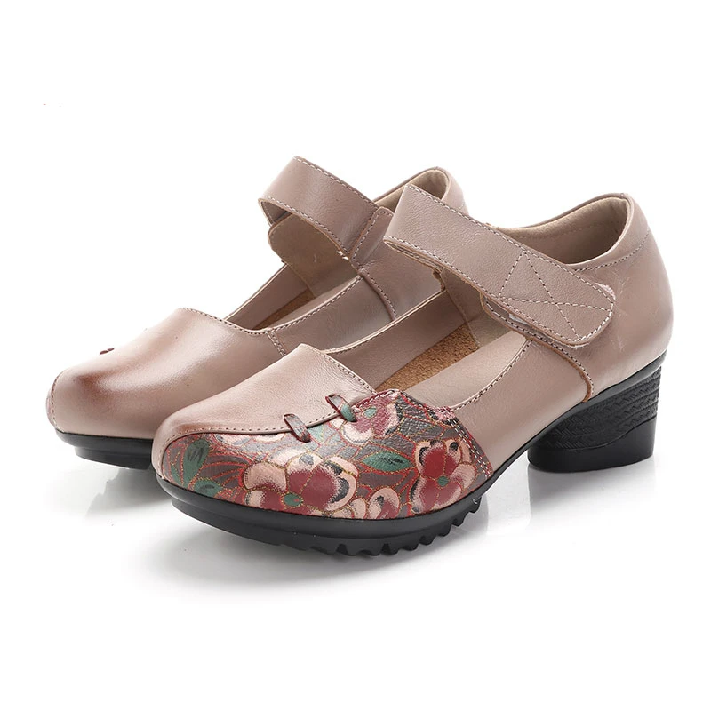 Повседневные Мягкие женские туфли из натуральной кожи; сезон весна-осень женские туфли-лодочки на платформе в этническом ретро-стиле на среднем каблуке Zapatos De Mujer - Цвет: Beige