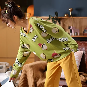 

Cartoon Cotton Sleepwear Casual Round-neck Pijama Cute Women's Pajamas Pijama Mujer Clothes For Home Lounge Wear Winter