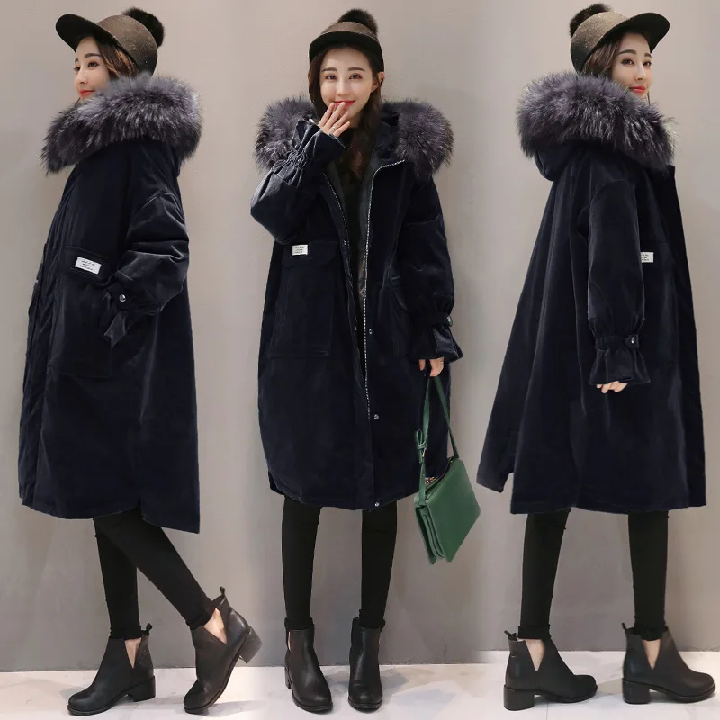 

2019 New Style Korean-style down Jacket Cotton-padded Clothes Women's Mid-length Thick over-the-Knee Loose-Fit Large Fur Collar