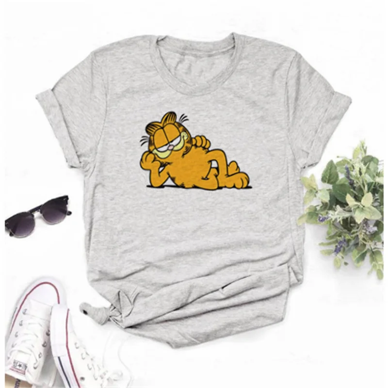 Mayos-Camiseta con estampado de Garfield para mujer, camiseta informal de cuello redondo, camiseta de manga corta con Gato