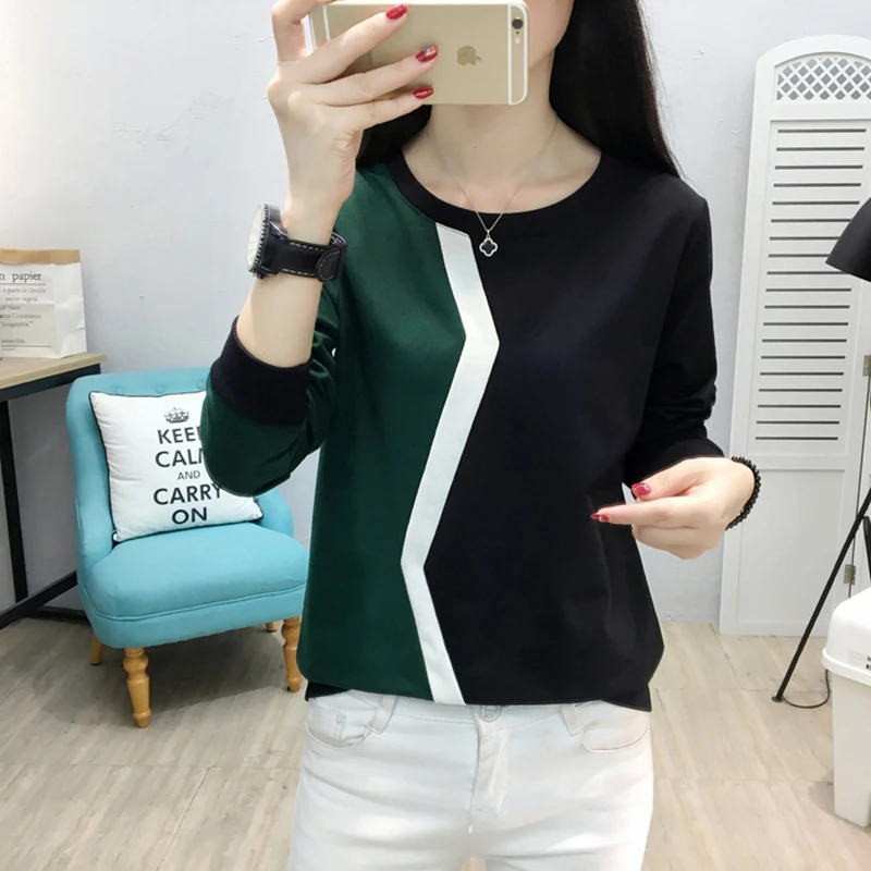 

Contrast color Autumn Winter Long Sleeve T shirt Women Tops Tshirt Women T-shirt O-neck Loose Cotton Tee Shirt Femme Plus Size