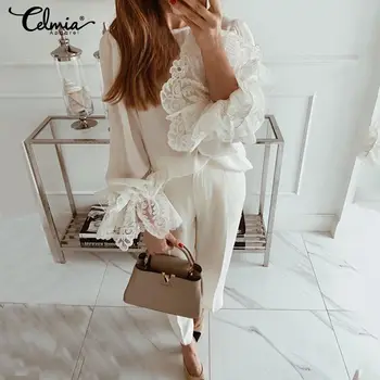 

Celmia Elegant Women Chiffon Blouses 2020 Autumn Female Lace Flare Sleeve Shirts Work Tops Casual Fashion Blusas Femininas S-5XL