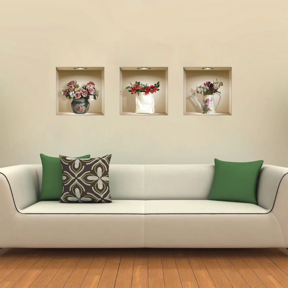 

Set of 3 Magic 3D Vase Flowers Removable Wall Art Sticker Decals DIY for Living Room Bedroom Sofa Home Decor
