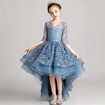 

Little Girls Children Fashion V-collar Birthday Evening Party Front Short Back Long Dress Kids Model Show Pageant Princess Dress