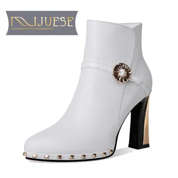 

MLJUESE 2021 women Ankle boots Cow leather Winter short plush Pointed Toe Rivet Super High heels female boots size 40