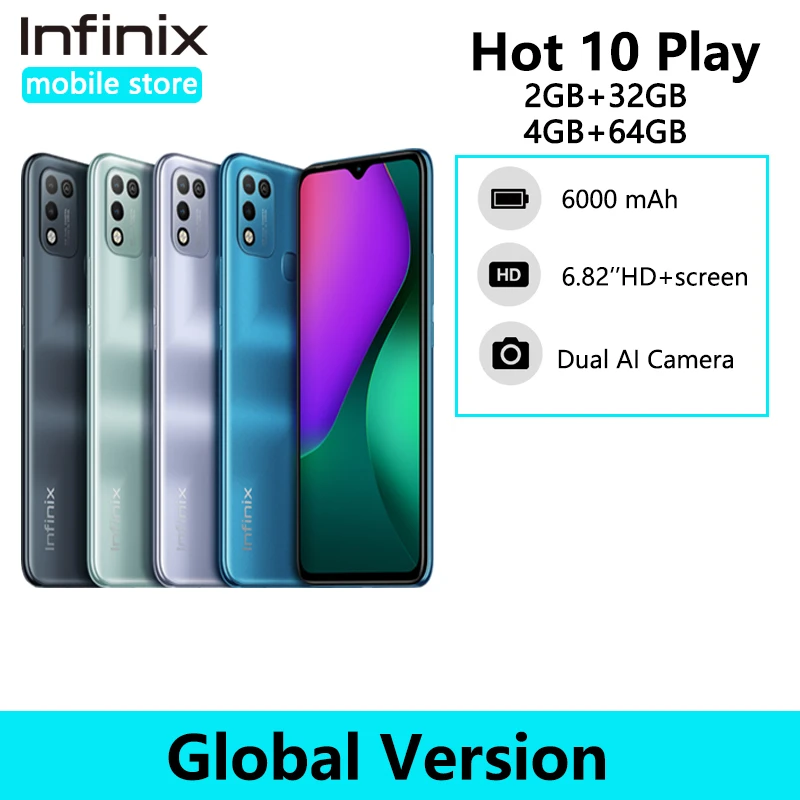 Global Version Infinix Hot 10 Play 6.82'' HD+ Display Smartphone 6000mAh Battery Helio G25 13MP AI Dual Rear Camera infinix cellphones