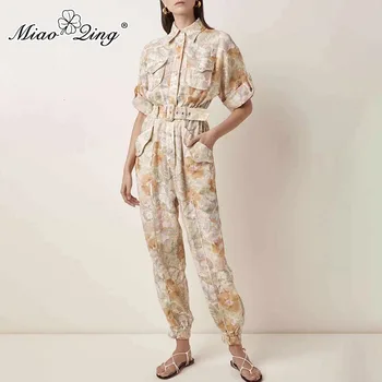 

MIAOQING Casual Print Hit Color Jumpsuits For Female Lapel Collar Short Sleeve High Waist With Sashes Jumpsuit Women Fashion