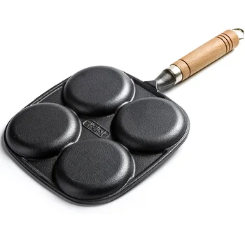

Long Handle Cast Iron Non Stick Four Hole Pancake Pot Frying Pan Uncoated Breakfast With Porosity Egg Mold Cookware Flat Design