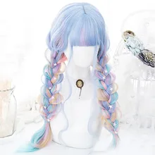 Косплэй салон в стиле "Лолита" 70 cm смешанные синий эффектом деграде(переход от темного к длинные вьющиеся Радужная челка милый костюм на Хэллоуин из искусственных волос Для женщин парик для костюмированной вечеринки