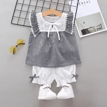 

Summer Baby Girls Clothes T shirt Fashion Plaid Lace Short Sleeve Casual Vest Tops+Short Pant Outfits Set Girl Clothing Sets