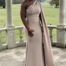2021 Champagne Bridesmaid Dresses With Cape African One Shoulder Floor Length Mermaid Satin Wedding Party Bridemaid Dresses