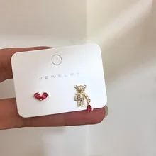 S925 Серебряные корейские серьги-гвоздики для женщин Милые Девушки Сердце Кристалл Циркон Любовь медведь маленькие серьги шпильки Свадебные Ювелирные изделия Подарки