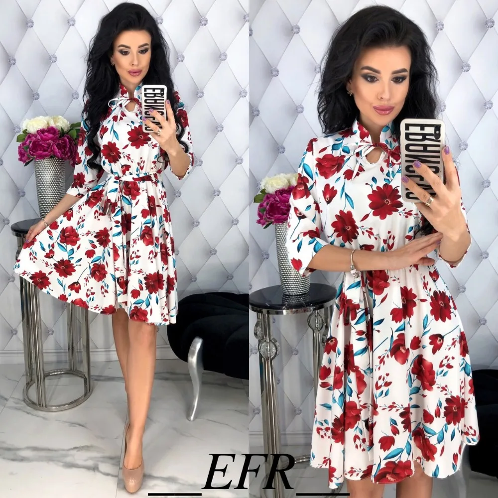 

2019 Summer New Style Women Half Sleeve Stand Collor Office Lady Print Sashes Shift Dress Casual Elegant Female Straight Dresses