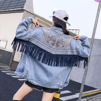 

Tassels embroidery denim jacket rivets Korean loose jeans jacket women Punk style jackets 2019 autumn new arrival chaqueta mujer