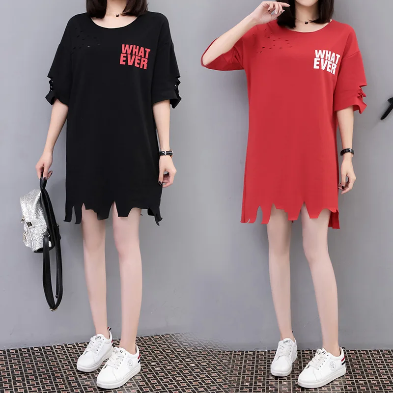 

Maternity Clothes Summer Wear Tops Mid-length Short Sleeve Cotton T-shirt Trendy Letters Printed with Holes Pregnant Women Dress
