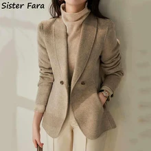 Sister Fara 2021 Autumn Winter Wool Slim Blazer Women's Elegant Single Button Blazers Ladies Notched Straight Casual Blazer Coat