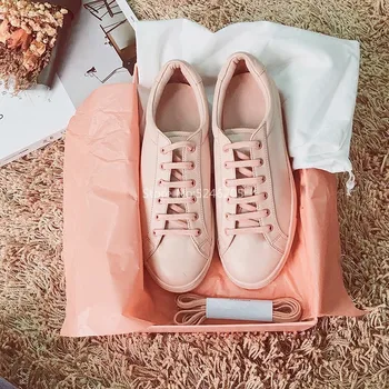 

Pink White Soft Leather Patchwork Chunky Platform Lace Up Casual Shoes Round Toe New Street Fashion Women Shoes