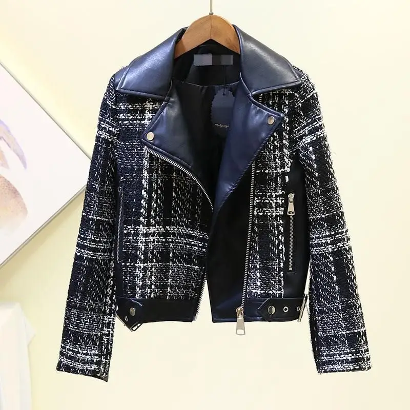 

Tweed Spliced Leather Coat Short Pu Skin Black Leather Jacket Women Zippers Pockets Street Leather Coat