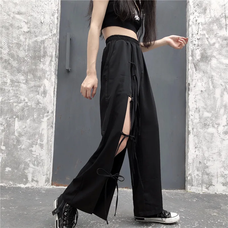 Ladies Casual Pants Straight Pants Ripped Pants Summer New Dark Thin Elastic Waist Design Long Fashion Versatile Pants