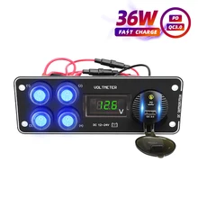 Waterproof Car Voltmeter Charging 18W Fast Type C Usb 12V Power Socket Usb Charger Cable QC3.0 Panel Plug 4 Gang Rocker Switch