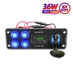 Voltmètre de voiture étanche 18W Type C Usb 12V, câble de chargement rapide, panneau QC3.0, interrupteur à bascule à 4 voies 
