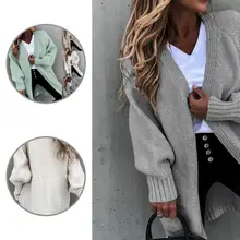 

Autumn Winter Fashion Ribbing Cuffs Two Pockets Loose Cardigan Simple Sweater Cardigan Solid Color for Outdoor