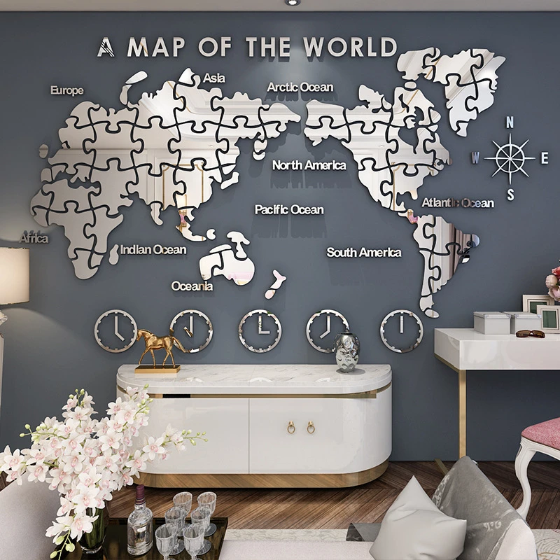 Office Background Wall Decoration Sticker Diy Puzzle World Map Mirror Gold  Sliver Wall Sticker Acrylic Self-adhesive Sticker - Wall Stickers -  AliExpress