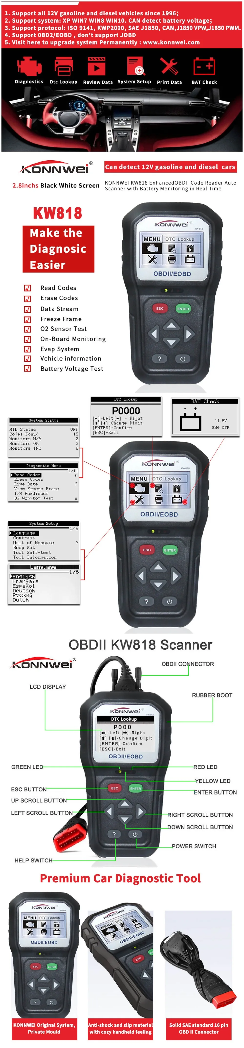 Автомобильный диагностический сканер OBDII ODB2 EOBD батарея тестер 12 в автомобильный код считыватель инструмент 6 язык выбор автомобильный осмотр