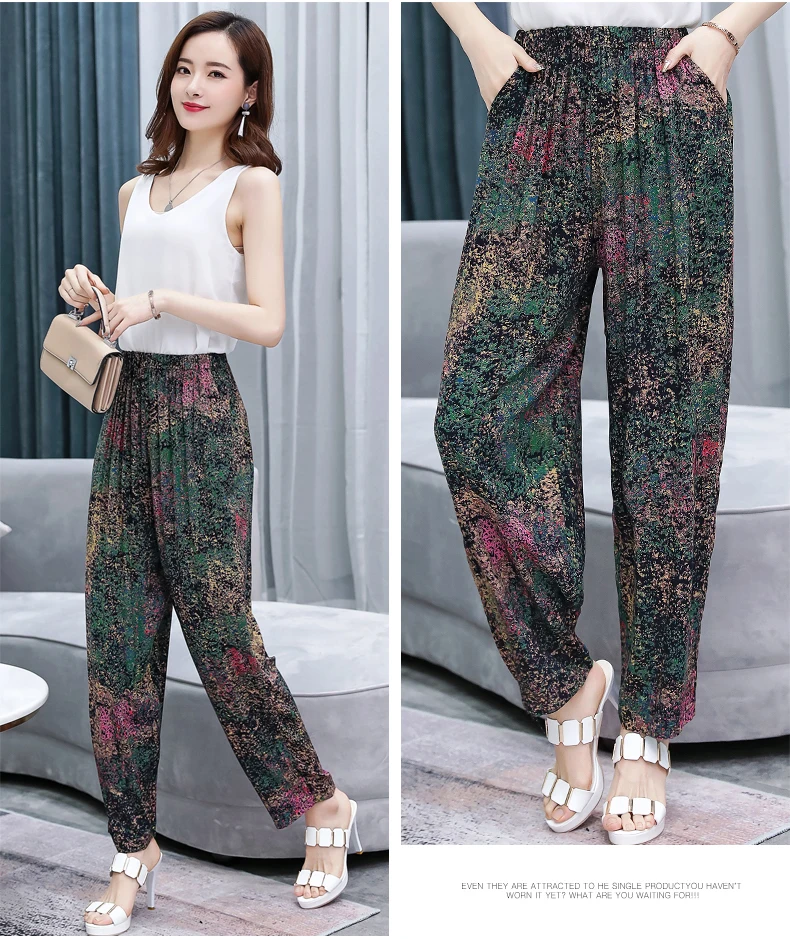 Новые летние брюки женские винтажные с резинкой в талии с принтом Цветочные Элегантные брюки женские повседневные широкие брюки плюс размер XL-5XL LJ665