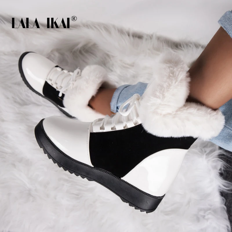 LALA IKAI/женские зимние ботильоны; коллекция года; теплые зимние ботинки из искусственной кожи; женские черные уличные водонепроницаемые ботинки на меху со шнуровкой; XWC5391-4