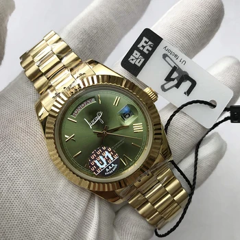 

top Luxury Brand Gold watch Men automatic mechanical sweeping movement luxury Watches Black dial day-date Free shipping