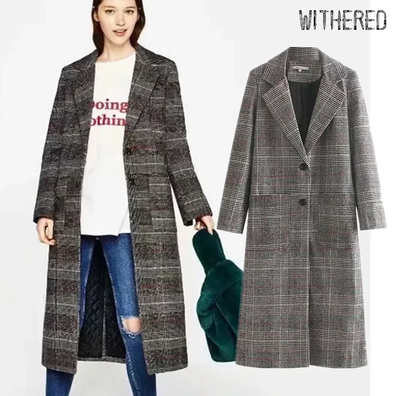

Withered winter woolen overcoat women BTS england vintage plaid oversize loose single breasted long coat trench coat plus size