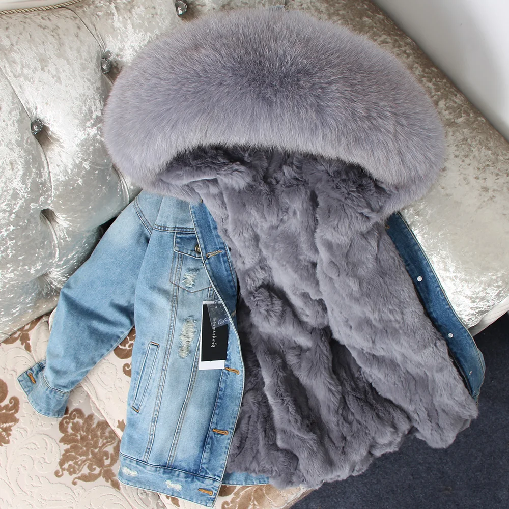 2020 new ripped denim pie overcoming rabbit fur
