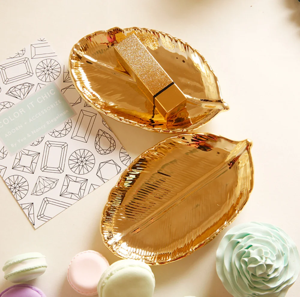 Decorative Gold Leaf Ceramic Plate Dish Porcelain Candy Trinket Dish Jewelry Fruit Serving Tray Storage Plate Crockery Tableware
