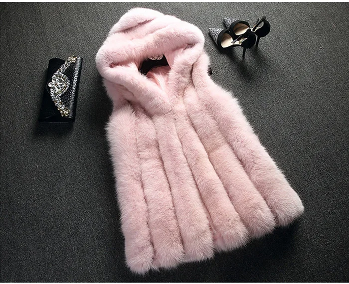 New Fur Vest Faux Fox Fur Coat Hooded Vest Vertical Stripe Medium-long Vest Women Winter Coat Outwear Casaco Feminino