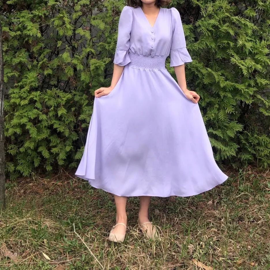 

Summer Nice Women Sweet Chiffon Maxi Dress Button V Neck Half Sleeve A Line Dress Solid Slim High Waist Long Dress