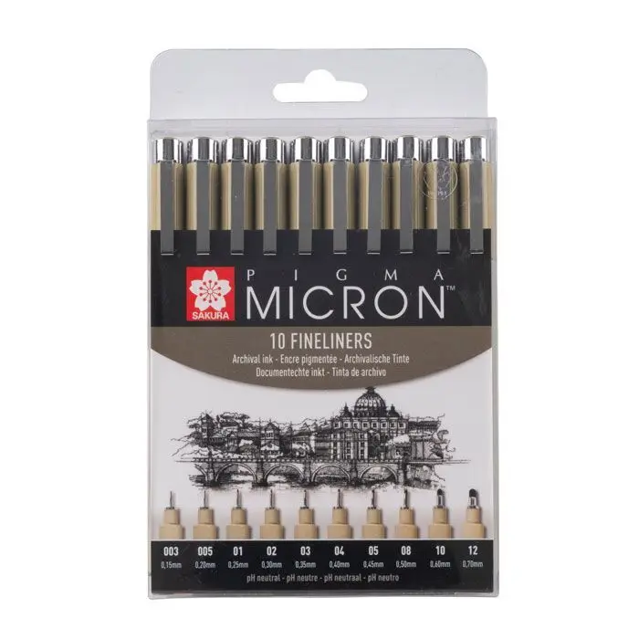 Набор капиллярных ручек Pigma Micron 10шт (0.15-0.7) Черный | Канцтовары для офиса и дома