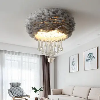 

Nordic pink/white/Grey feather ceiling light net red warm romantic girl wedding room ceiling lamp salon lighting bedroom lamp