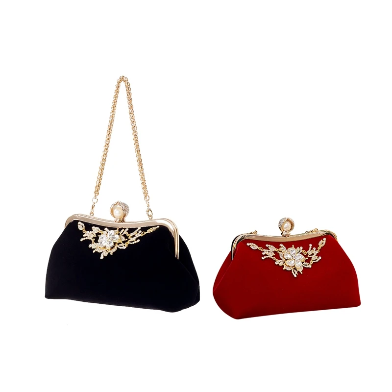 

ABZC-2Pcs Female Diamond Pearl Handbag Vintage Crystal Flower Evening Bag Wedding Party Bride Clutch Bag Purse - Black & Red