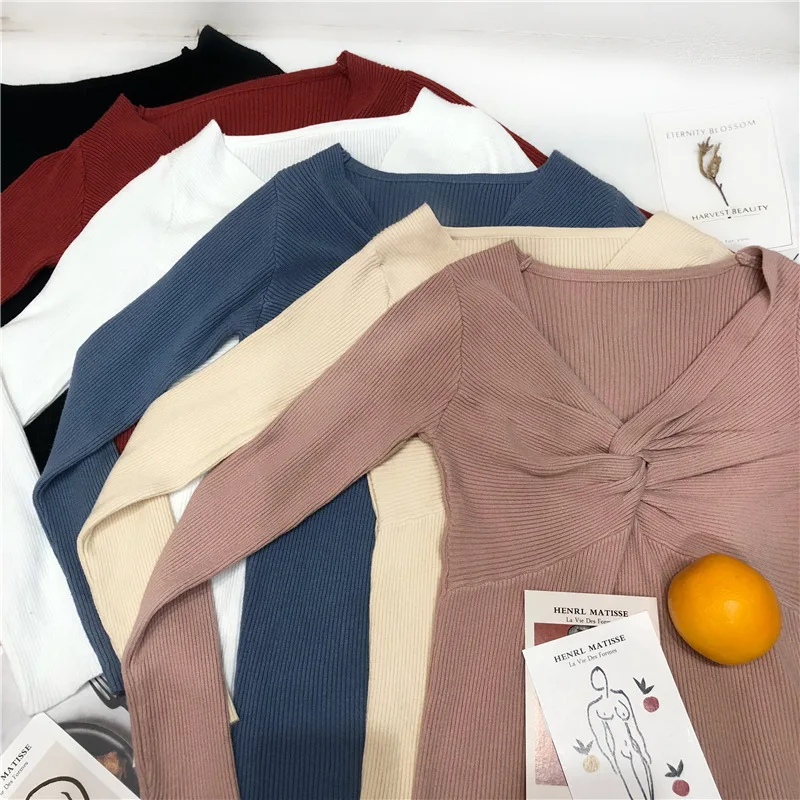 

Umeko Sexy V Neck Cross Knitted Sweater Autumn Winter Pullovers Sweaters Primer Long Sleeve Short Korean Slim-fit Tight Sweater