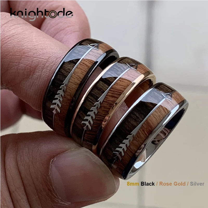 Billig 8 6mm Mode Rose Gold Wolfram Hartmetall Holz Ringe Frauen Männer Klassische Silber Engagement Band Und Stahl Pfeil inlay Schwarz Stil