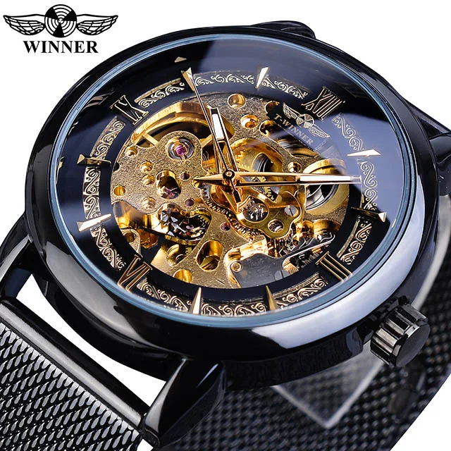 Winner классические мужские механические часы Скелет черный золотой тонкий аналоговый сетка стальной ремешок для мужчин s Повседневное платье наручные часы для мужчин - Цвет: GMT1130-4
