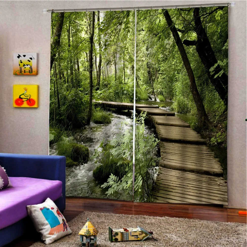 River Forest Outdoor Blockout 3D Curtain Window Scenery ReadymadeTrees Green 438 