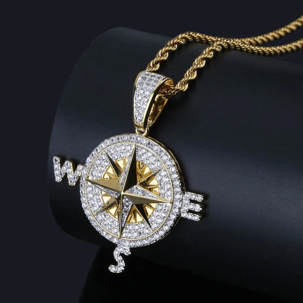 

Unisex Iced Out Cubic Zircon Compass Necklace & Pendant With 4mm Tennis Chain Hip Hop Gold Silver Color Jewelry Gifts