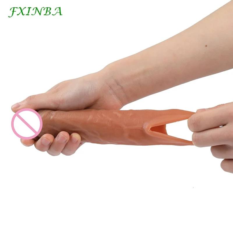 FXINBA 16cm Realista Pênis Manga Extensor Galo Manga Estendida Dick Ampliação Atraso Ejaculação Preservativo Reutilizável Homens Brinquedos Sexuais