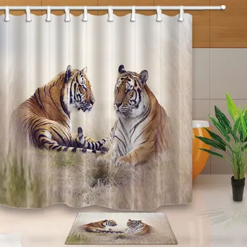 

Tiger Shower Curtains Set Wild Animal Themed Bathroom Decor Waterproof Polyester Home Bath Bathtub Curtain and Flannel Carpet