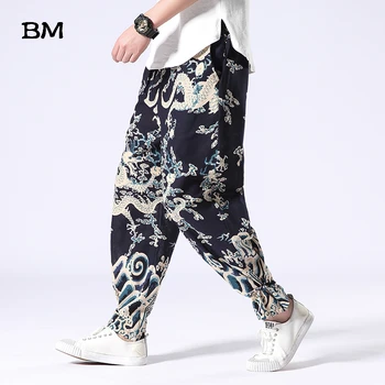 

Plus Size Linen Pants Men Chinese Style Dragon Print Nine-Point Beam Pants Loose Sport Harem Pants Fashion Casual Trousers Male