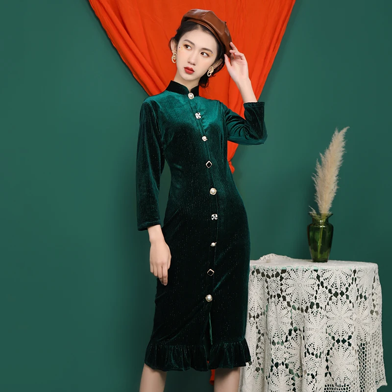 SWEETXUE, Женские однотонные бархатные Роскошные вечерние платья Cheongsam Qipao, женские влитые платья Cheongsam - Цвет: green